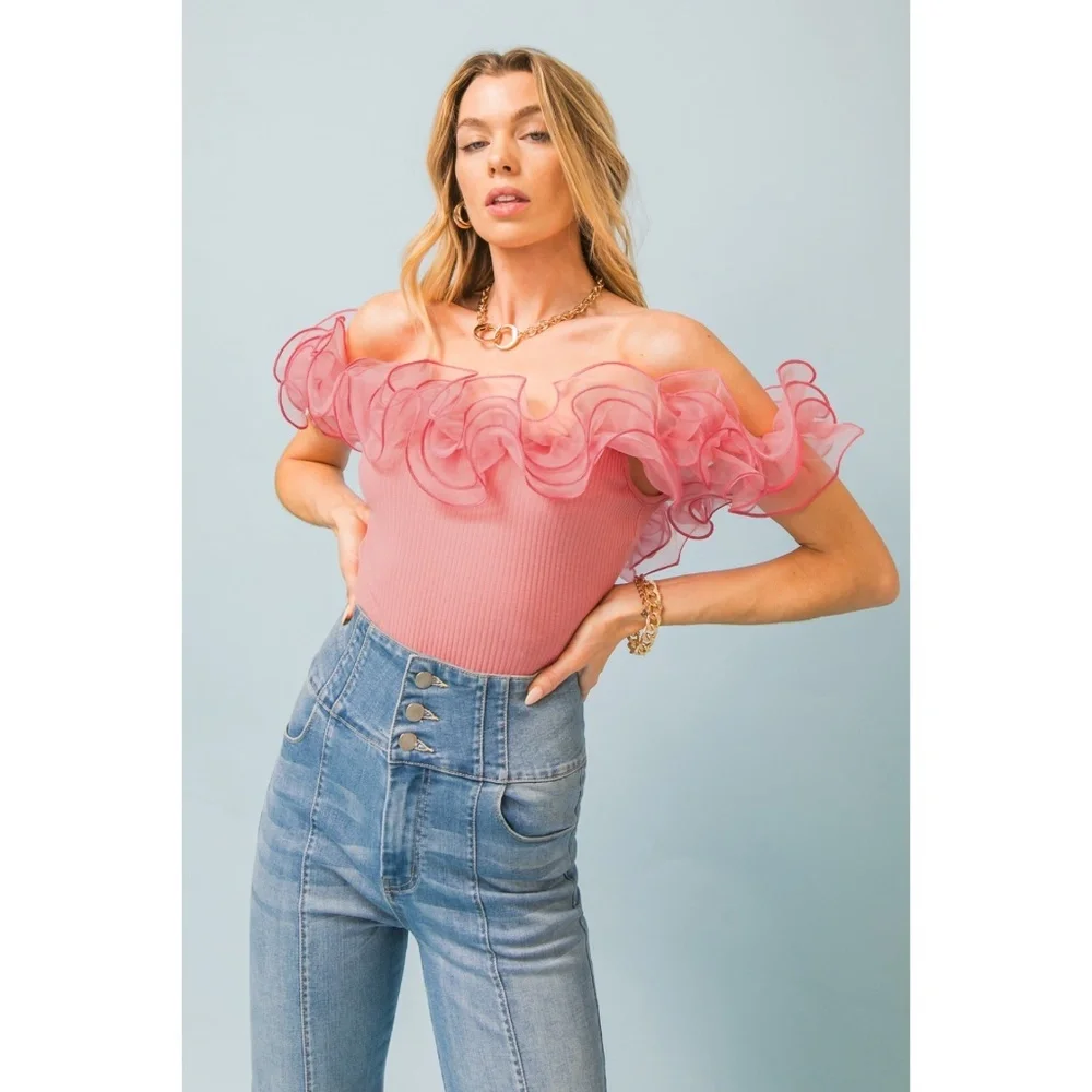 Flying Tomato Pink Organza Trimmed Sleeveless Bodysuit - Picture 4 of 10